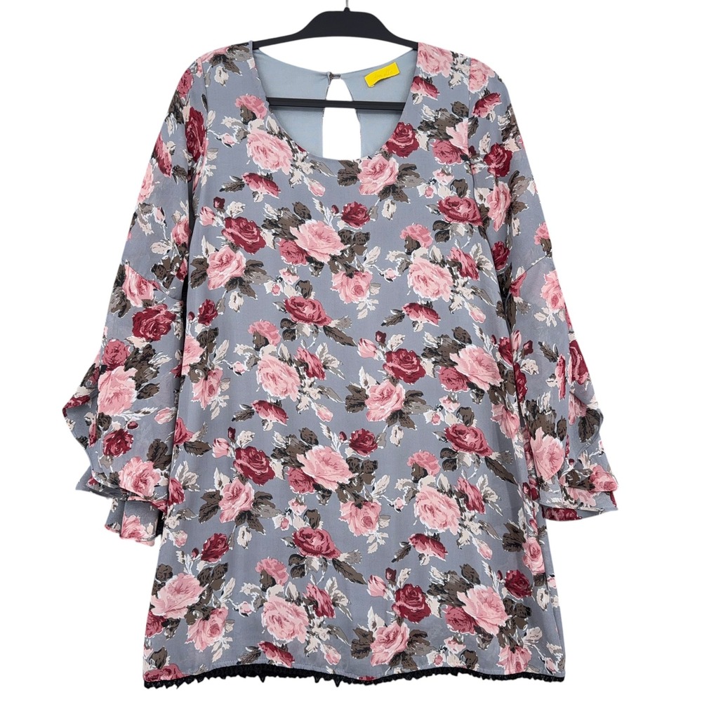 Dee Elle Floral Shift Dress Womens S 100% Polyester Gray Pink Bell‎ Sleeve